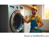 In this image, we can see a man wearing a yellow hard hat and blue overalls, standing in front of a washing machine. He is ho...