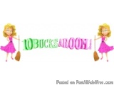 The image is a logo for a company called "OBUCKSAROOM". It features two cartoon girls with blonde hair, wearing pink dresses...