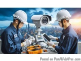 The image shows two men wearing hard hats and blue uniforms, working on a security camera system. They are standing in front...