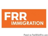 The image is a logo for FRR Immigration. It is a rectangular orange banner with white text. The text reads "FRR Immigration"...