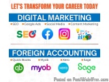The image is an infographic that explains how to transform your career today in digital marketing. It has a blue background w...