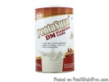 The image is of a can of Pentasure DM Diabetes Care. The can is white with a red and gold label. The label has the Pentasures...