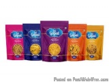 The image shows four packets of Gopal snacks. The packets are arranged in a row, with each packet having a different color -...