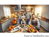 The image shows a group of people in a kitchen. There are six people in the image, all wearing orange safety vests and hard h...