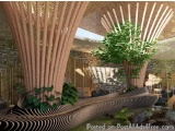 The image shows a modern and luxurious interior design of a room with a unique and modern look. The room has a high ceiling w...