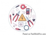 The image is a circular illustration with various electrical tools and equipment scattered around it. The background is white...