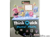 The image is the cover of a book titled "Think Quick Mental Maths Class 5". The cover has a blue background with a whiteboard...