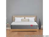 The image shows a modern bedroom with a wooden bed frame and a gray mattress. The bed has a wooden headboard and footboard, a...