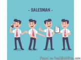 The image shows four cartoon characters of a salesman. The character on the left is holding a phone to his ear and appears to...