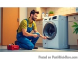 In this image, we can see a young man in a kitchen, kneeling on the floor in front of a washing machine. He is wearing a yell...