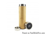The image shows a bamboo-colored thermos flask with a stainless steel lid. The thermos is cylindrical in shape and has a cyli...