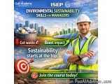 The image is an advertisement for the Gulf Academy of Safety (ISEP) Environmental Sustainability Skills for Managers. It feat...
