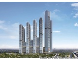 The image is a 3D rendering of a modern skyscraper complex. The complex consists of six tall, cylindrical buildings with a un...