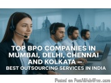 The image shows a group of four people wearing headsets and working in a call center. The background shows a cityscape of Mum...