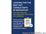 The image is a blue background with white text that reads "Looking for the best GST consultants in Madhapur? Get expert help...