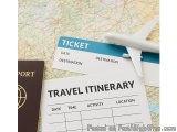 The image shows a travel itinerary card with the words "Ticket" and "Destination" written on it. Next to the card, there is a...