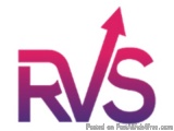 The image is a logo for a company called "RVS". The logo is written in a bold, sans-serif font and is in a combination of pin...