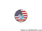The image is a circular logo with an American flag in the center. The flag is divided into three horizontal stripes of red, w...