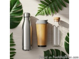 The image shows three items arranged on a white wooden background with green leaves scattered around them. On the left, there...