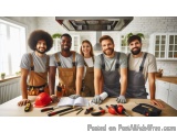 The image shows a group of five young men and two women standing in a kitchen. They are all wearing aprons and are standing i...