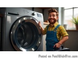 The image shows a young man standing in front of a washing machine in a laundry room. He is wearing a yellow plaid shirt and...
