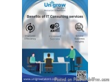 The image is an advertisement for the benefits of IT consulting services offered by Unigrow Talent. The background is blue an...