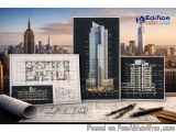 The image shows a desk with various architectural drawings and architectural plans on it. On the left side of the desk, there...