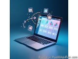 The image shows a laptop with a blue background. The laptop is open and the screen is displaying a dashboard with various gra...