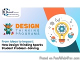 The image is a graphic design for a presentation on design thinking programs. It has a blue background with a white circle in...