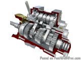 The image is a 3D rendering of a mechanical gearbox, which is a type of gearbox used in industrial machinery. The gearbox is...