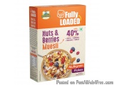 The image is of a box of Fully Loaded Nuts & Berries Muesli. The box is orange in color and has a picture of a bowl of muesli...