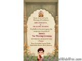 The image is a digital invitation card for a Jaitra's Ear Piercing Ceremony on Friday, 30 August 2024. The card has a beige b...
