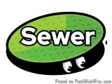 The image is a logo for a company called Sewer. The logo is circular in shape and has a green background with a black border....