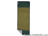 The image shows a rectangular-shaped sleeping pad with a green base and a yellow striped pattern. The sleeping pad appears to...