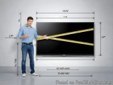 The image shows a man standing in front of a large flat screen TV. He is holding a yellow measuring tape in his right hand an...