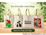 The image shows three eco-friendly cotton bags with different designs on them. The bags are beige in color and have a natural...