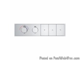 The image is a technical drawing of a thermostat panel. It is a rectangular panel with four square panels on the right side....