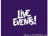 The image is a purple square with white text that reads "Live Events!" The text is in a bold, sans-serif font and is centered...