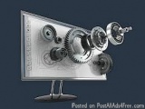 The image is a 3D rendering of a computer monitor with a mechanical design on the screen. The design is made up of various ge...