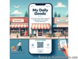 The image is an illustration of a grocery store with a smartphone in front of it. The store has a red and white striped awnin...
