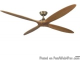 The image shows a ceiling fan with four wooden blades. The blades are arranged in a fan-like pattern, with the largest blade...