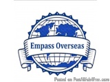 The image is a logo or emblem that represents the concept of "Empass Overseas". It is a circular emblem with a blue backgroun...