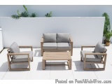 The image shows a modern outdoor seating area on a white tiled floor. There is a wooden sofa, two armchairs and a coffee tabl...