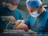 The image shows two surgeons performing an advanced brain surgery for better outcomes. They are wearing blue surgical scrubs,...