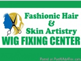 The image is a logo for a hair salon called "Fashionic Hair & Skin Artistry Wig Fixing Center". The logo is rectangular in sh...