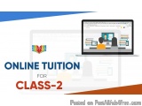 The image is an advertisement for online tuition for class-2. It has a white background with a blue and orange gradient on th...