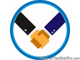 The image is a circular icon with a blue background. Inside the circle, there are two hands shaking, one black and one blue....