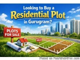 The image is an advertisement for a residential plot in Gurugram, India. It shows a residential area with a lot of land for s...