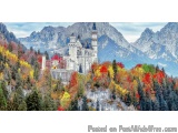 The image is a landscape photograph of Neuschwanstein Castle in Bavaria, Germany. The castle is located on a hilltop with a m...