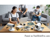 The image shows a group of three people in a living room, sitting on a grey couch and working on a laptop. They are all weari...
